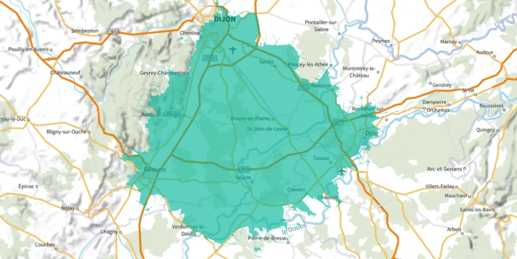 Carte du secteur d'intervention qui s'étend entre Dijon, Beaune et Dole
